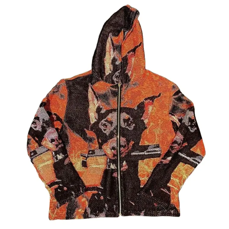 Custom All Over Print Gezellige Rits Wandtapijt Trui Mannen Jacquard Gebreide Hoodie Full Rits Up Geweven Hoddie Voor Mannen