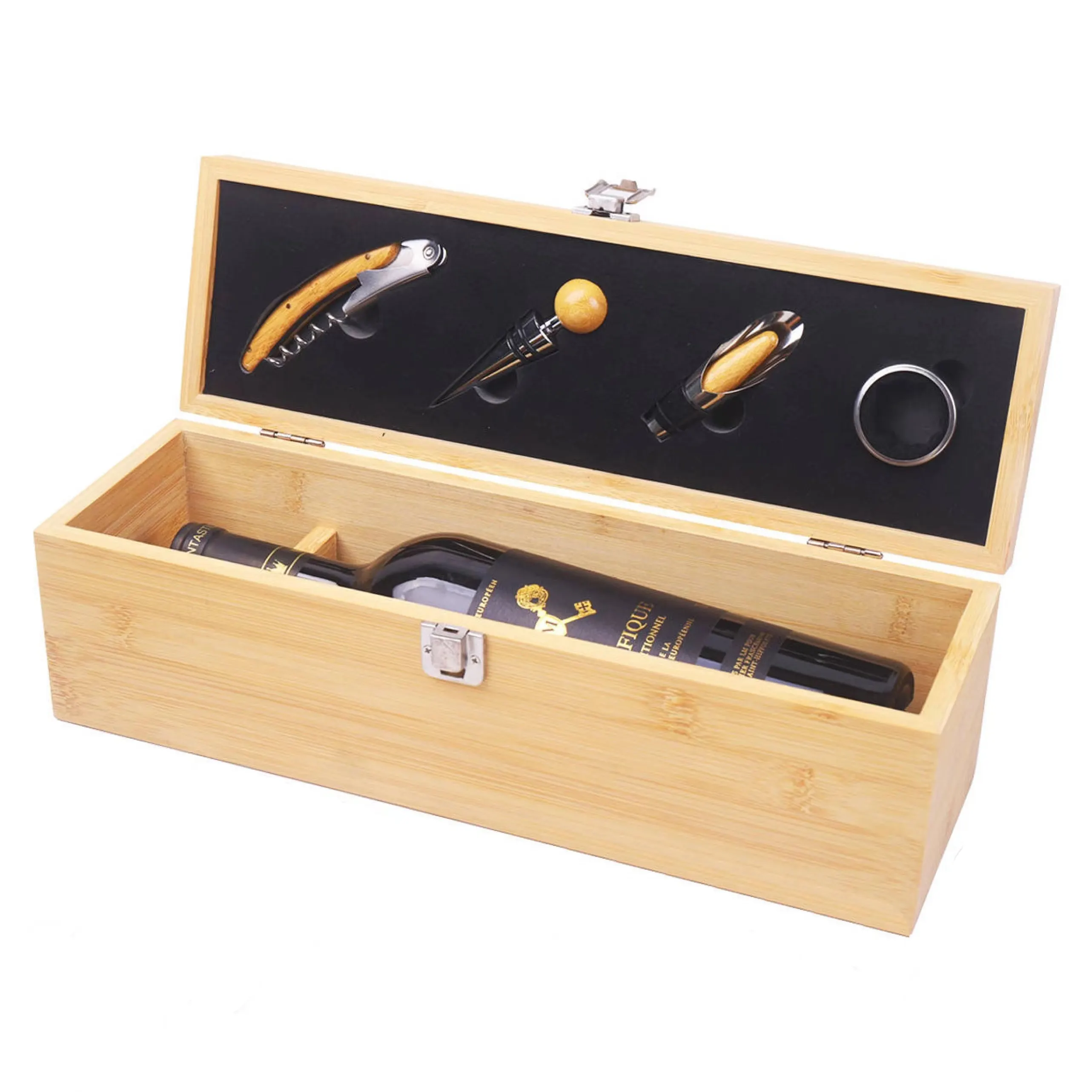 फैक्टरी कस्टम वाइन वाइनरी बांस वाइन बॉक्स बांस बोतल ओपनर सहायक उपकरण व्यावसायिक उपहारों के लिए उपयुक्त सेट