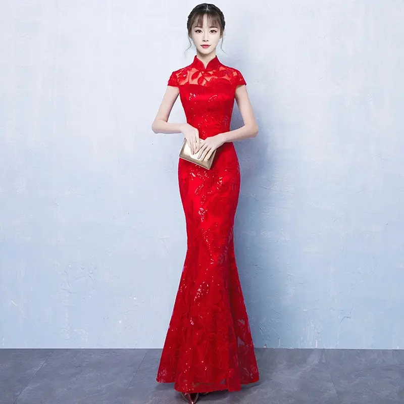 Vestido estilo chinês sereia renda vermelha, vintage, cheongsam, elegante, tamanho grande 5xl