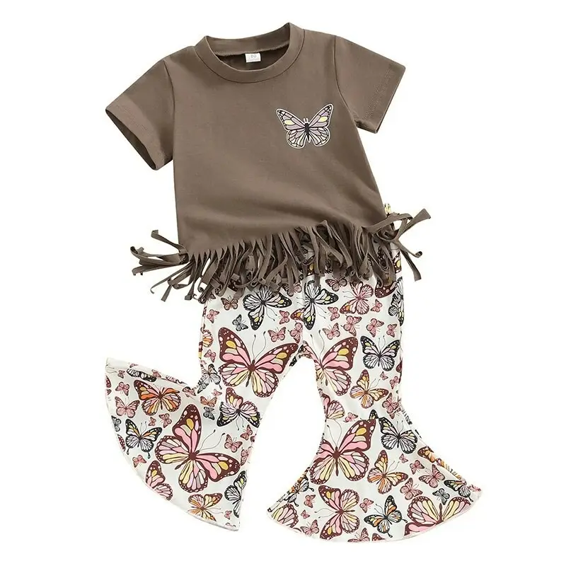 Conjunto de ropa para niños Primavera Verano bebé niñas borla manga corta estampado de mariposa camiseta + pantalones acampanados conjunto para niñas
