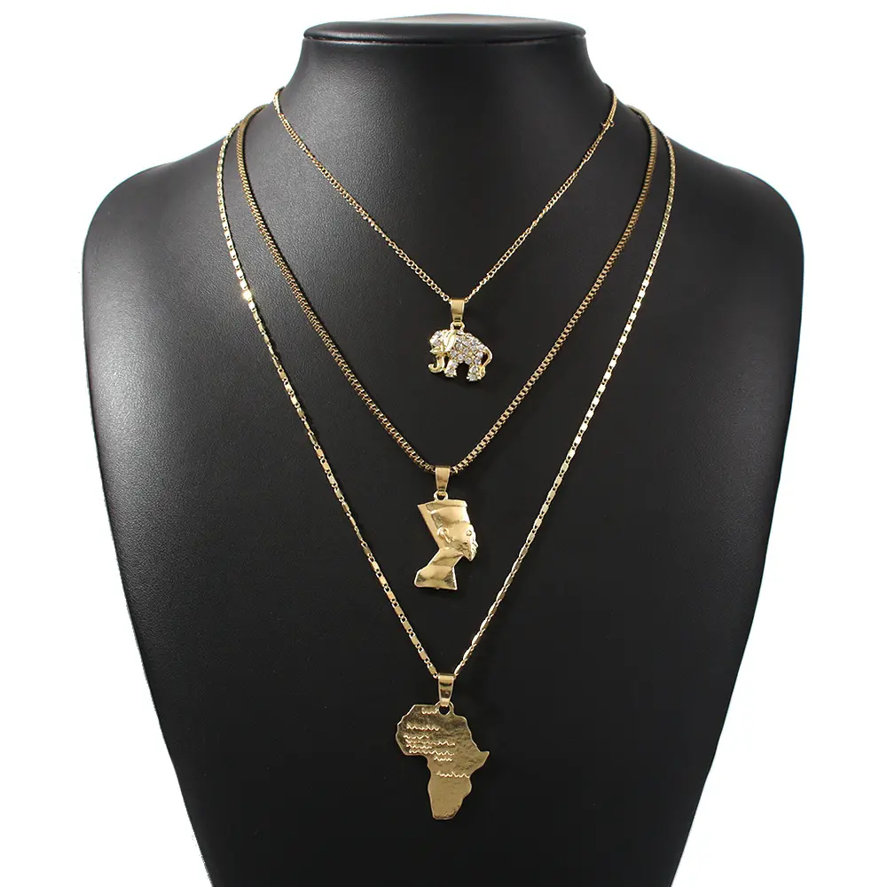 Collar de elefante en capas de aleación de oro para mujer con mapa africano