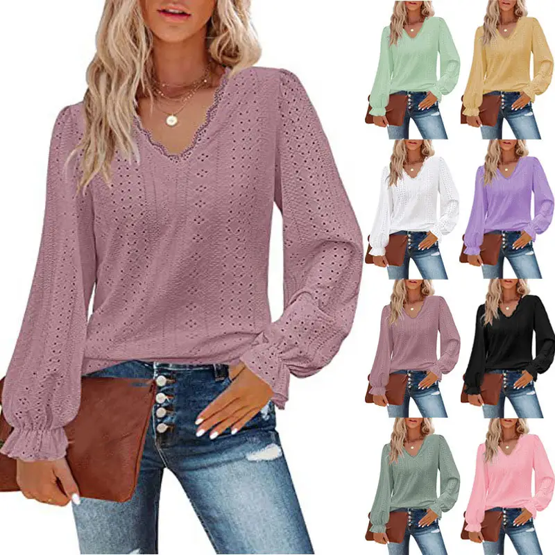 Ladies Dressy White Tops Hollow-out Casual Western Long Sleeve Tops Femmes