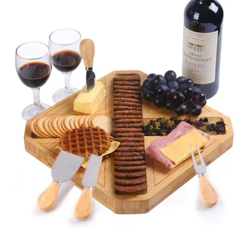 Hữu Cơ Tre Cheese Board Knife Set Phục Vụ Platter Với 4 Cheese Knife Set