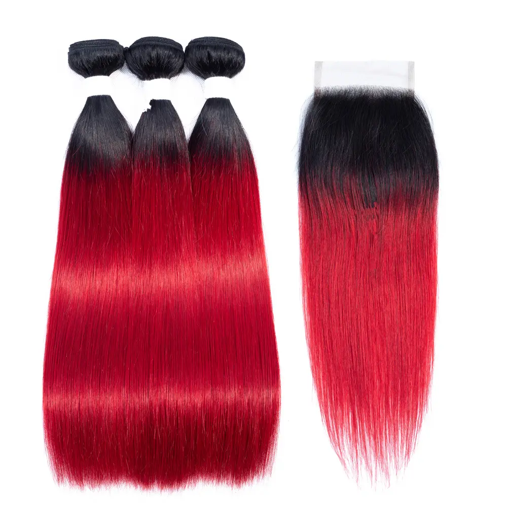 Pacotes de cabelo humano de virgem sem processado com fechamento ombre cor 1b vermelho