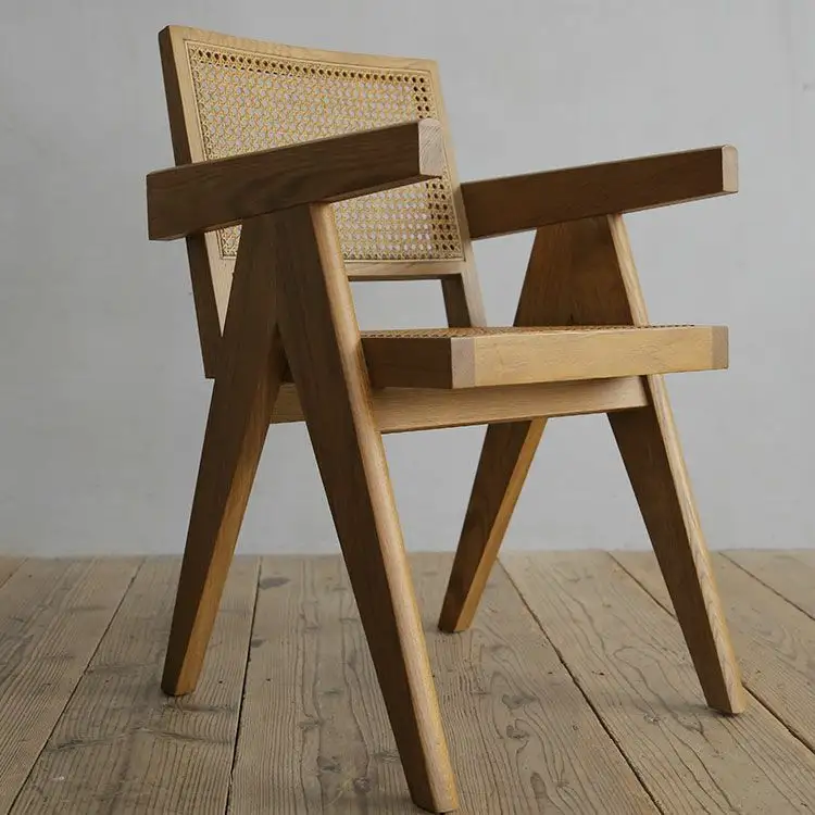 Chaise de salle à manger en rotin massif noir et blanc, meuble américain et nordique vintage pour hôtel, bistrot et café