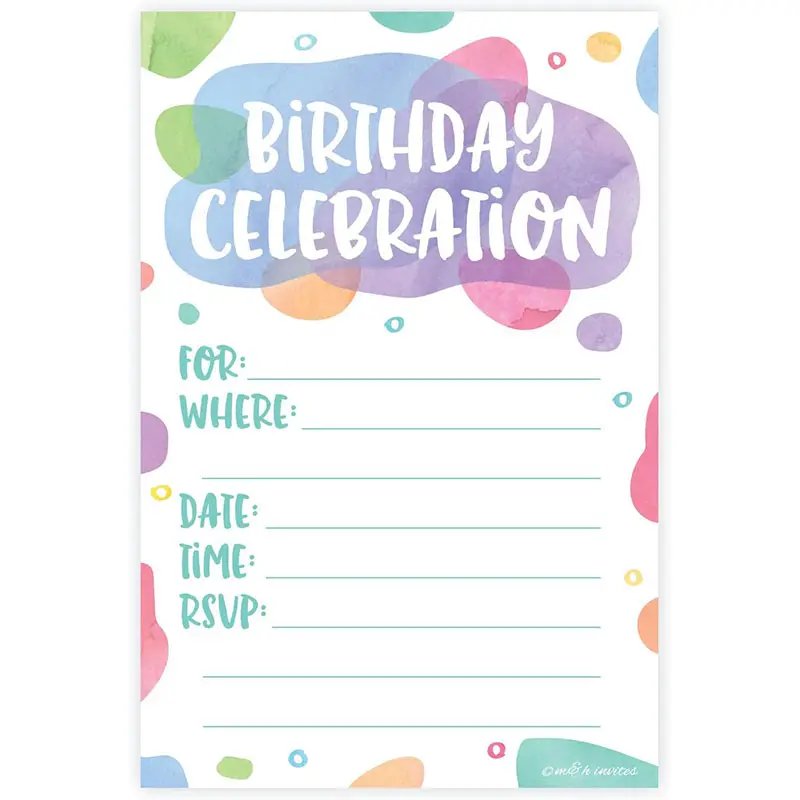 Fun Birthday party Invitation Cards Colorful Watercolor Dots Design Birthday Party Invitations With Envelopes