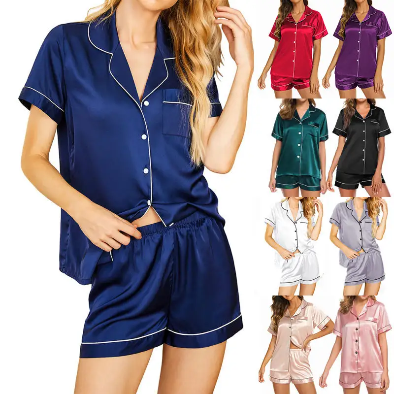 Venta al por mayor Loungewear Mujeres Pijama 2 piezas Pijama Pantalones cortos Conjuntos Satén Seda Pijamas Para Mujeres Conjunto