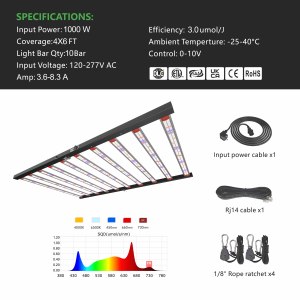 HongYi 1000W 10 바 접이식 LED 성장 빛 넓은 스펙트럼 PPE 3.0umol/J 전체 스펙트럼 성장 조명 CE DLC ETL 인증 - Product Image 2
