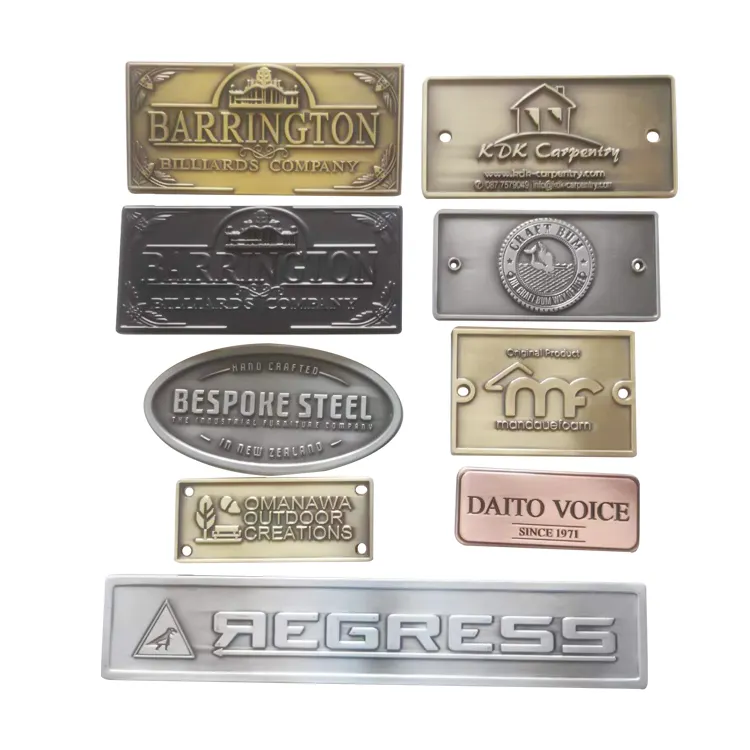 Multifunción de alta calidad, nuevo estilo, emblemas personalizados, bolsa de muebles de aluminio, etiqueta de latón, etiqueta con logotipo, placa de identificación, placa de Metal de aleación de Zinc