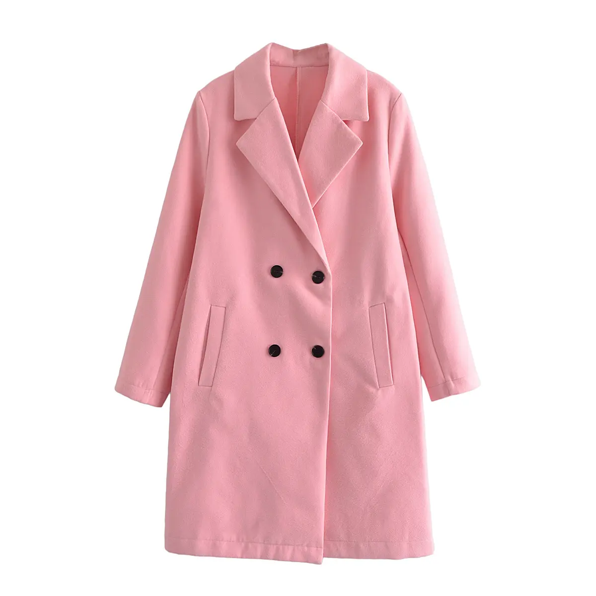 Pink color double breasted notched collar long sleeve casual fashion women's trench coats