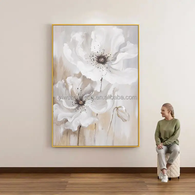 Cuadros de flores para decoración del hogar, pinturas al óleo abstractas de flores modernas, pinturas de arte de pared de flores blancas acrílicas, gran oferta