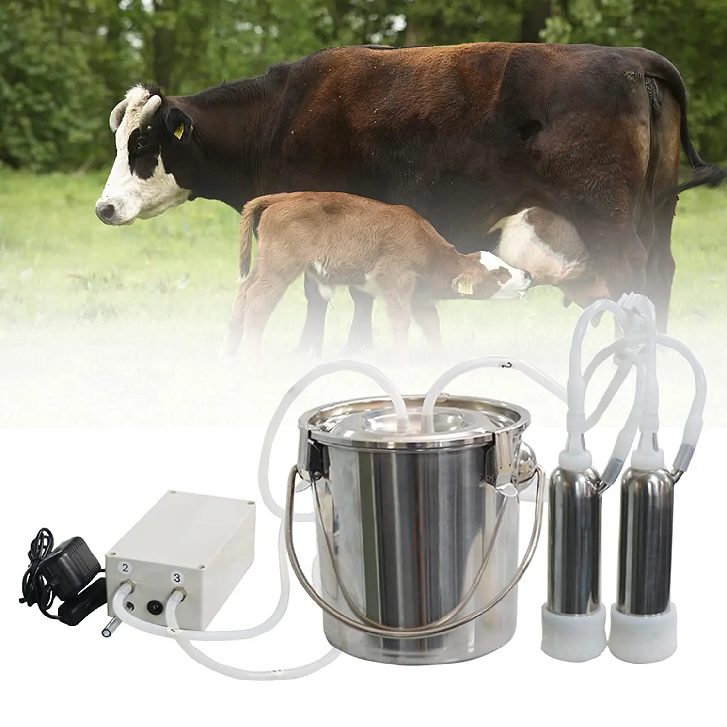 الكهربائية آلة الحلب للأبقار نبض مضخة تفريغ الحالب مع دلو من الفولاذ المقاوِم للصدأ كامل وظيفة إيقاف السيارات (البقر 7L)