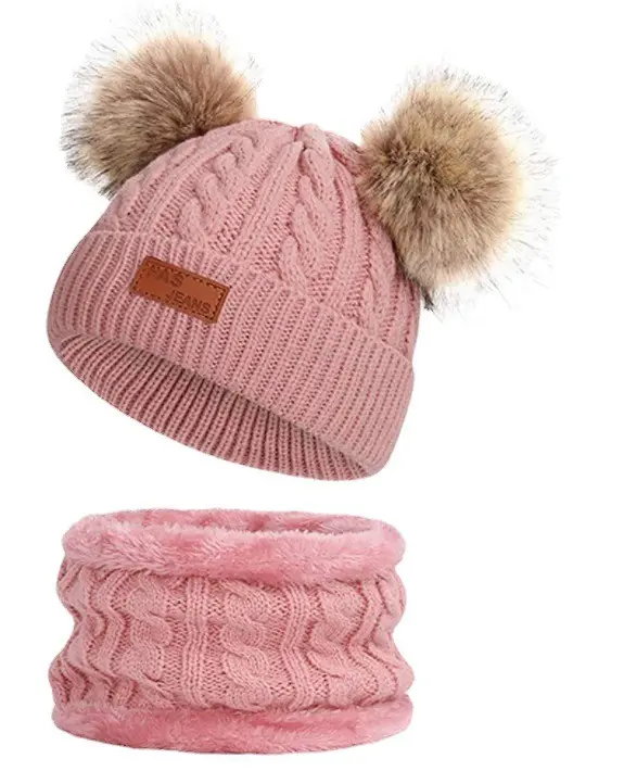 Chapéu Pom forrado de lã para meninos e meninas, lenço de mão para crianças, chapéu de inverno de malha de pele sintética, conjunto quente e quente para crianças