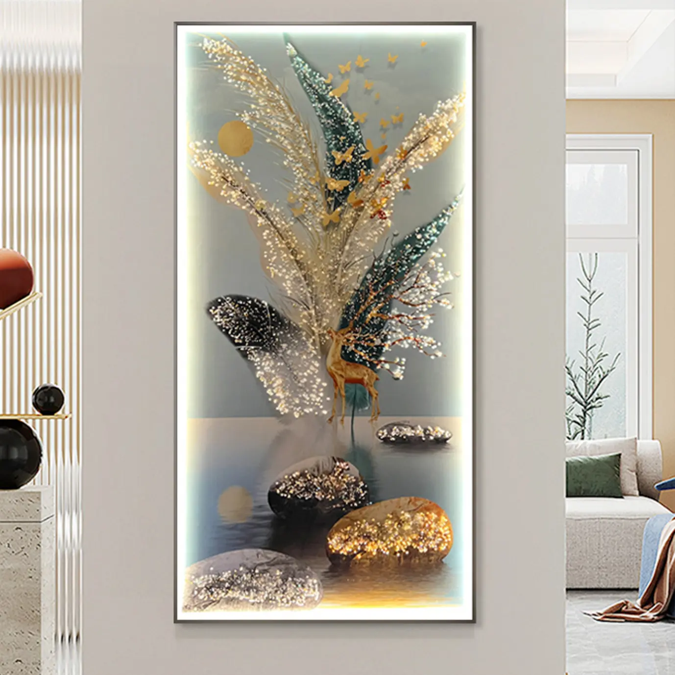 Peinture de décoration en porcelaine cristal de luxe moderne Télécommande Éclairage LED Tableau suspendu d'art mural