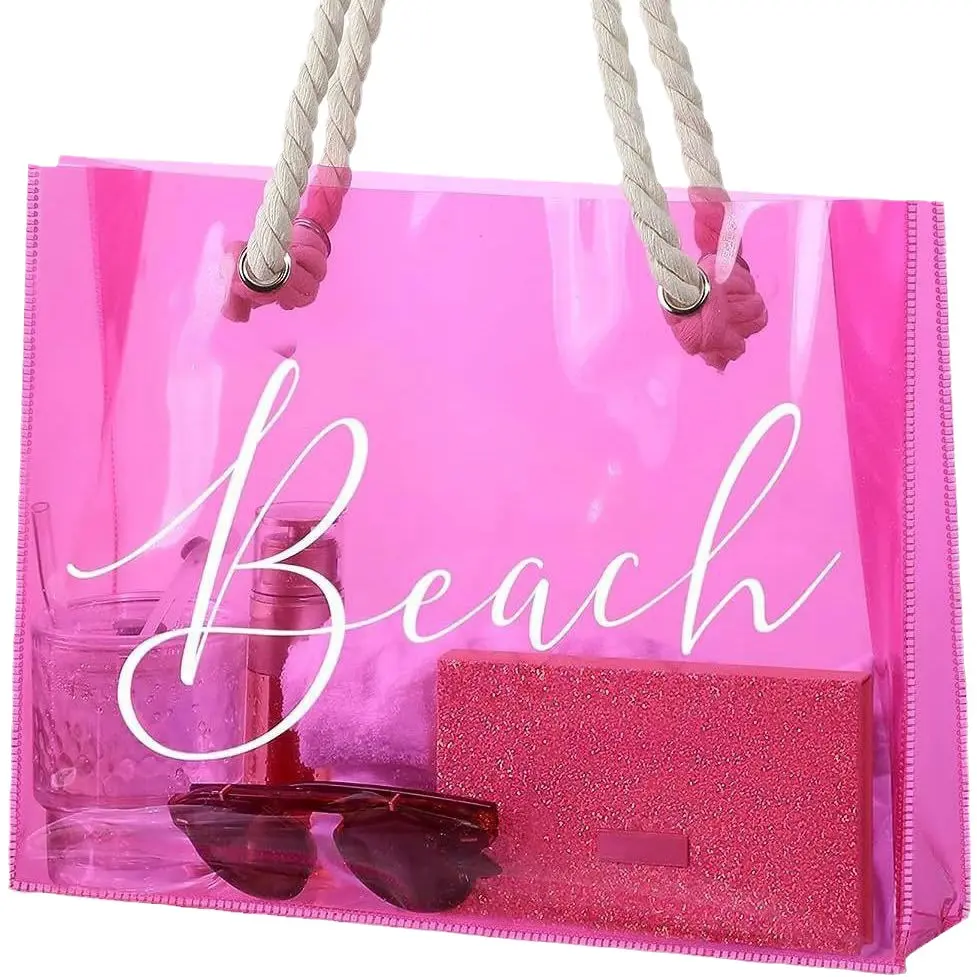 Customized Transparent Pink Bags With Thick Cotton Handle Fashion Waterproof Pvc Tote Shopping Bag hologram clear beach tote bag