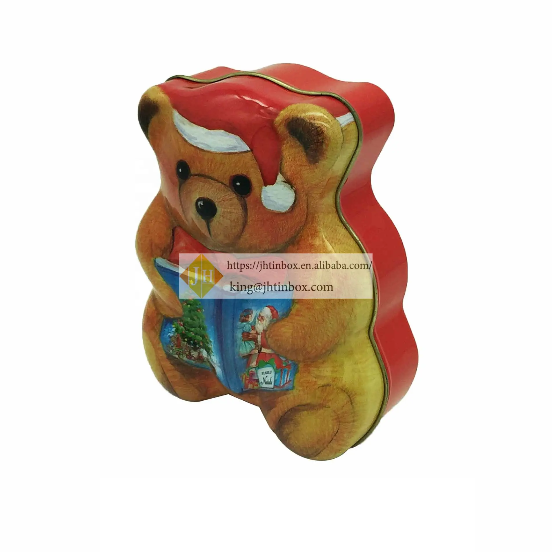 JH Caja de lata de galletas con forma de oso navideño transparente y brillante