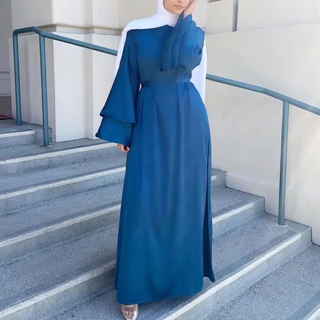 Hijab de luxe en satin pour femmes africaines musulmanes Abaya évasé à manches longues en soie modeste