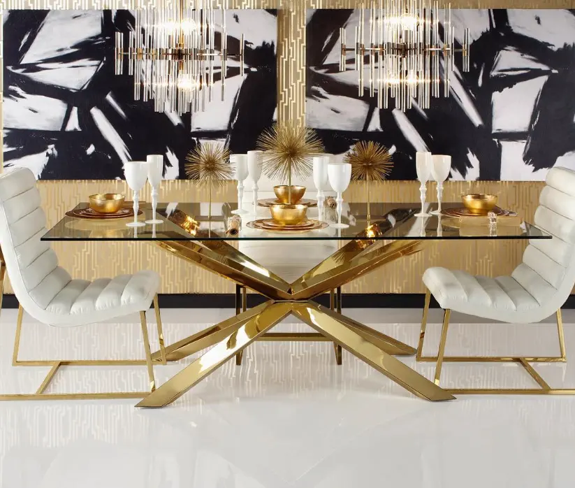 A9002 Moderno conjunto de mesa de jantar com cadeiras de vidro ouro