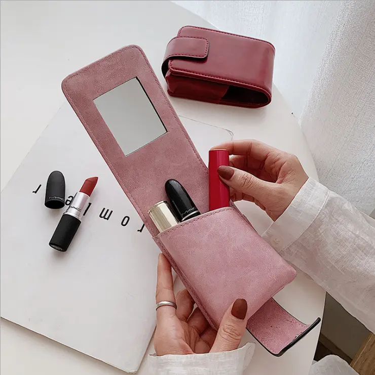 Bolso pequeño de cuero PU para cosméticos, bolsa de almacenamiento portátil con espejo para lápiz labial, 2021