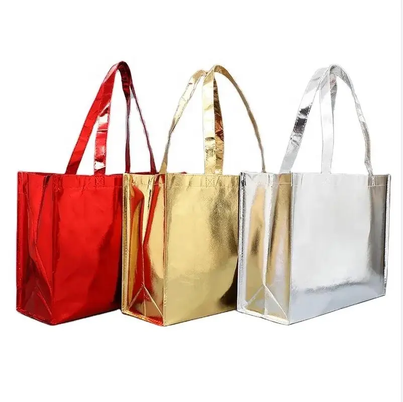 MOQ 100 pcs Personalizado Prata/Ouro Impresso Reciclável Metálico Laminado Não Tecido Tote Bag
