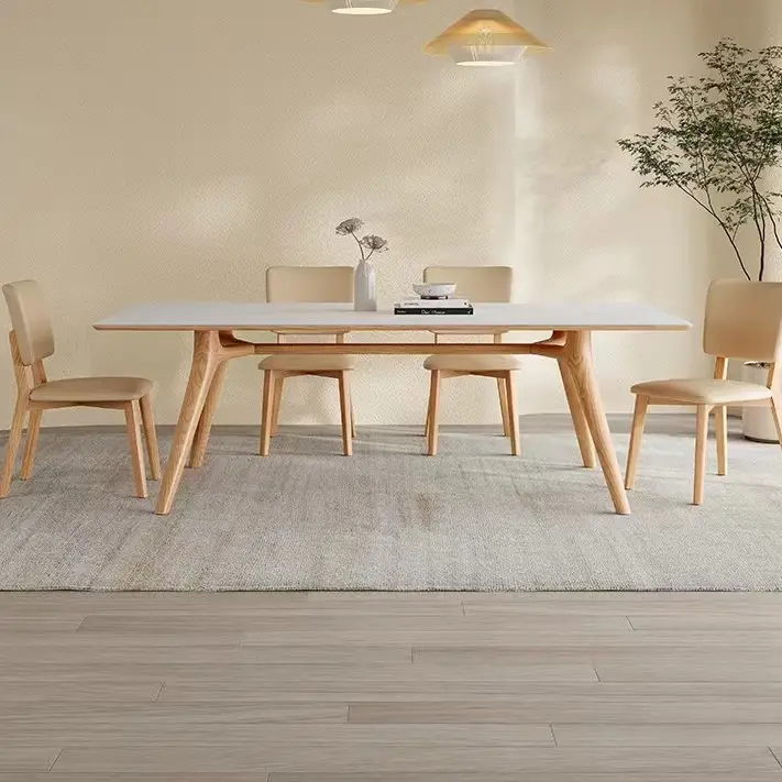 Mesa de comedor con forma de libélula, diseño americano, pata de madera maciza, blanco puro, placa mate, nueva tendencia