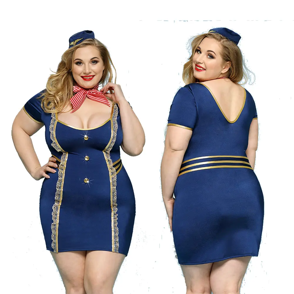 InStock Alta Qualidade Azul Feminino Air Stewardess Costume Senhoras Airline Uniforme Mulheres Gordas Sexy Air Hostess Lingerie para Plus Size