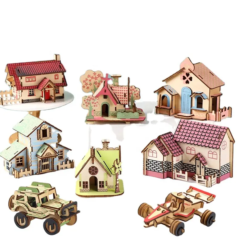 Jogo criativo de quebra-cabeças em madeira para crianças e adultos, jogo seguro em miniatura para casa de bonecas, casa de bonecas 3D, quebra-cabeças criativo para o castelo, barco e avião