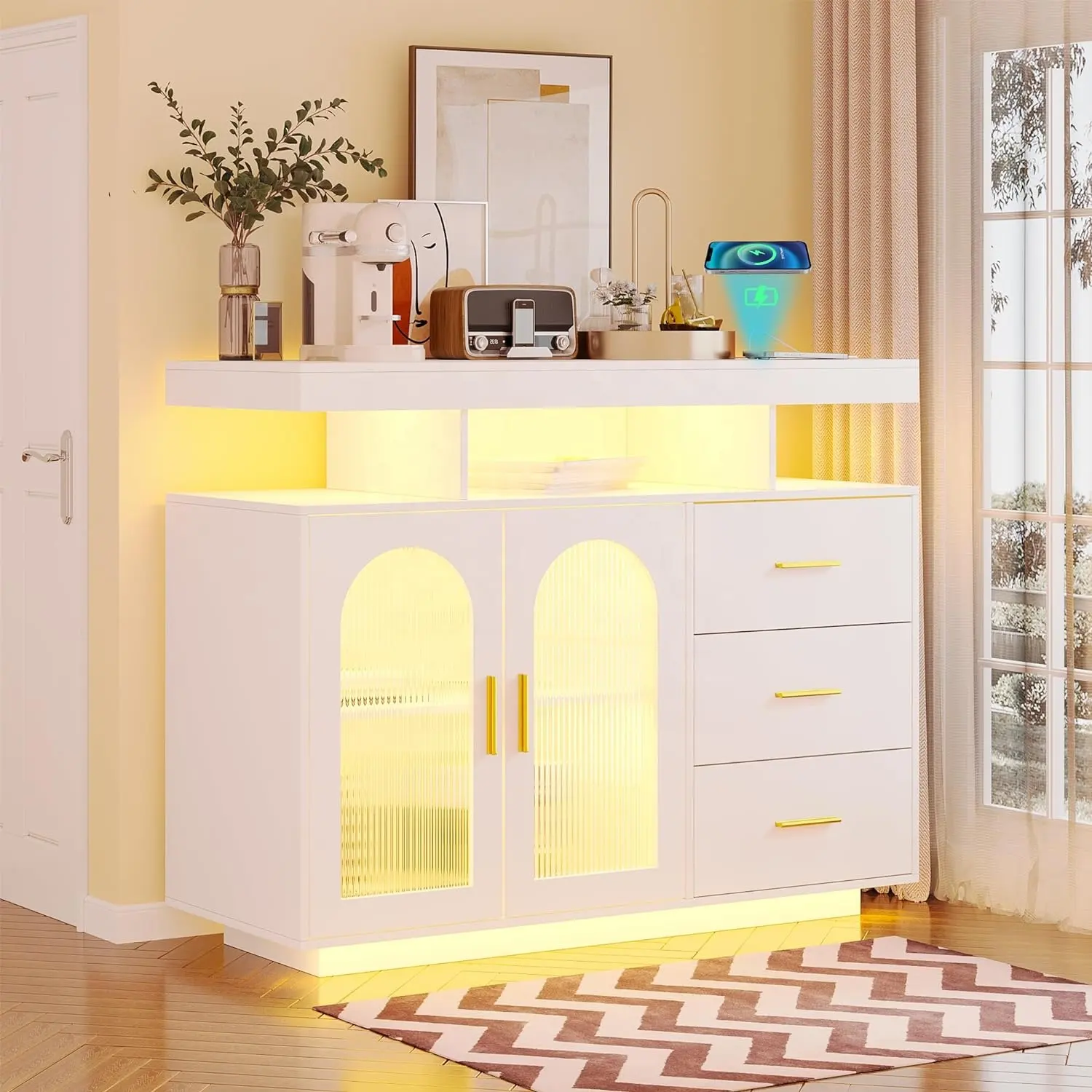 Armário de acrílico para buffet com luz LED inteligente Nova, porta multifuncional, armário lateral com estação de carregamento, para sala de estar
