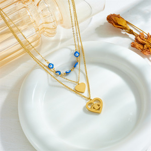 2024 New Arrival Non Tarnish 18k Gold Plated 316L Stainless Steel Multi Layer Blue Devil Eye Heart Pendant Necklace for Women <strong>Lu</strong>
