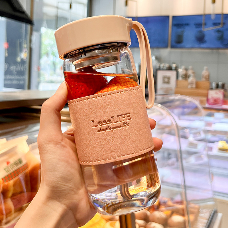 Pink - 480ml (leather cup sleeve and tea strainer)