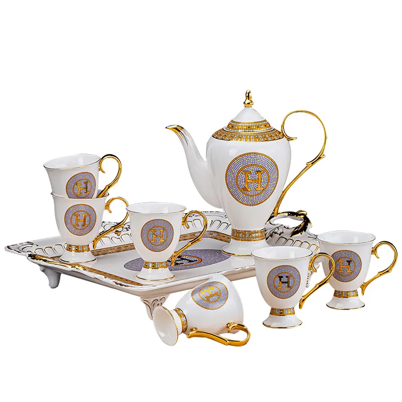 New design 8pcs colorful porcelain gold plated european style tea set teapot with Tray Vintage Ceramic and Cups Saucers Set