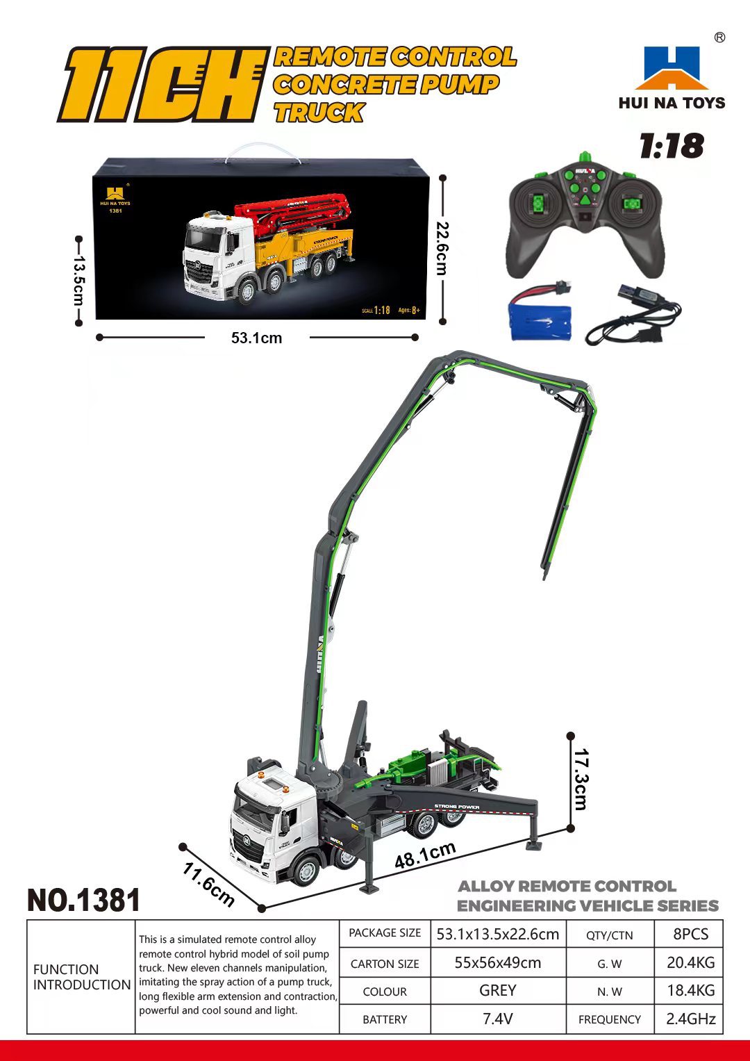 1/18 11CH Semi Alloy RC Cement pump truck (grey green)