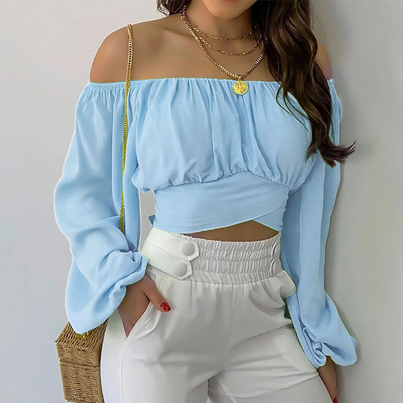 Blue Off Shoulder Tie Back Cropped Top