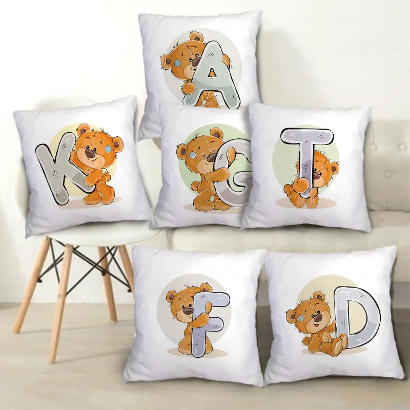 Fronha de travesseiro, venda quente de travesseiro de desenho animado adorável para urso, letras em inglês, capa de travesseiro digital com estampa de desenho animado para sofá, quarto, cobertura de travesseiro