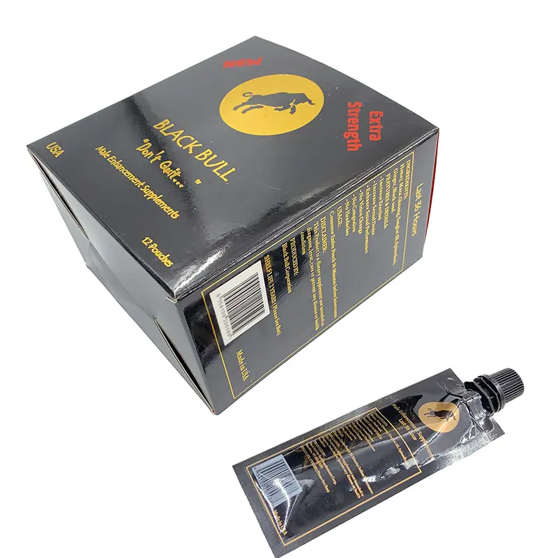 Emballage vide de 15ml Boîte de papier d'emballage de poudre de protéine de miel extrême de taureau noir Sac d'emballage de liquide de miel Boîte de logo imprimée personnalisée