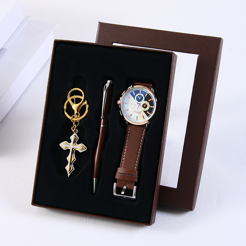 Brown 4-piece set (watch, keychain, ballpoint pen, gift box)