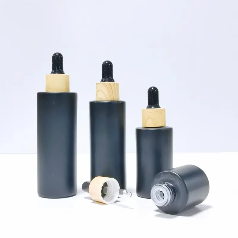 High Class 20ml 30ml 50ml 100ml Custom Print Black Matte Color Flat Shoulder Serum Essential Oil Dropper Glass Bottles