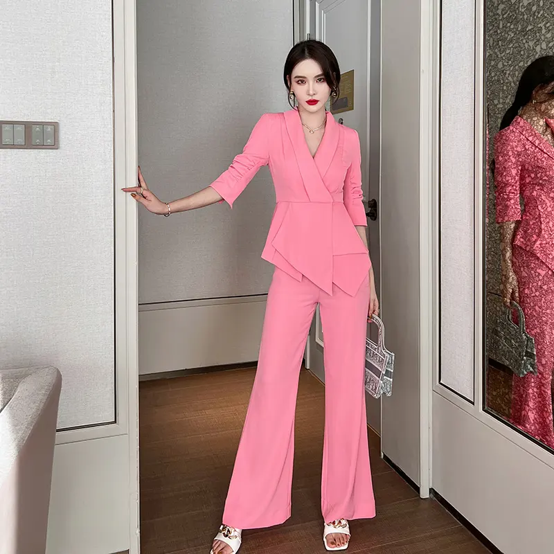 ZYHT 5658 Elegante Damen Blazer Sets Knöpfe Pink Wide Leg Pant Anzüge Fashion Office Lady Zwei Stück Hosen Set