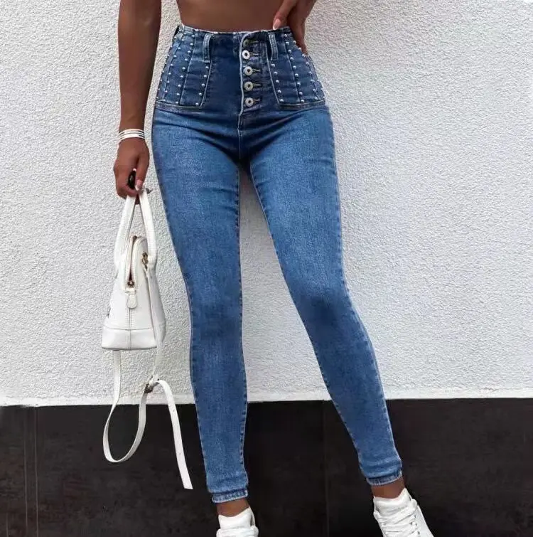 2022 Frauen Neuankömmling Mode High waist Slim & sexy Skinny Bleistift hose Perlen muster Baumwoll stoff Chic Phantasie OL Denim Jeans
