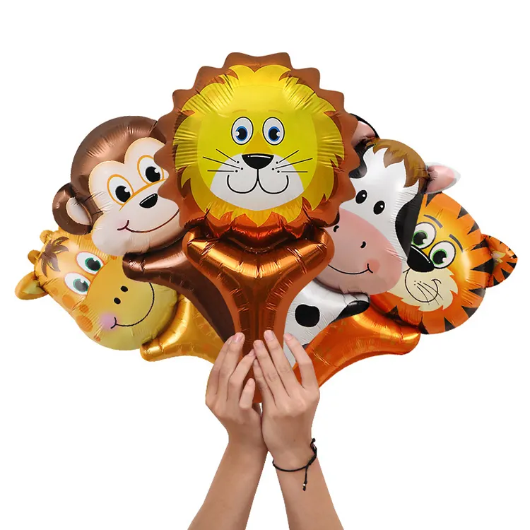 Günstige Kinderspiel zeug Lions Tiger aufblasbare Party Cartoon Tier Folie Hand Holding Stick Ballons