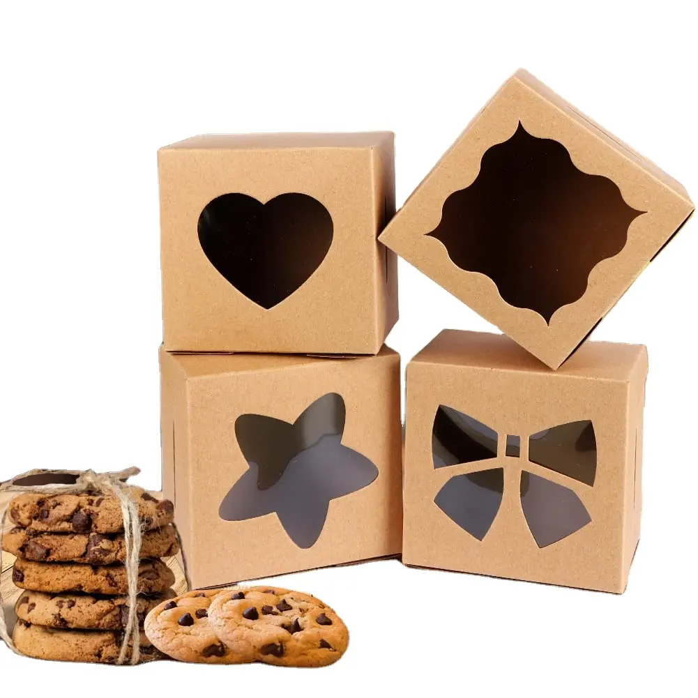 Scatole per biscotti personalizzate 4x4x2.5 pollici con finestra di scatola per dolcetti da forno in carta kraft stile 4