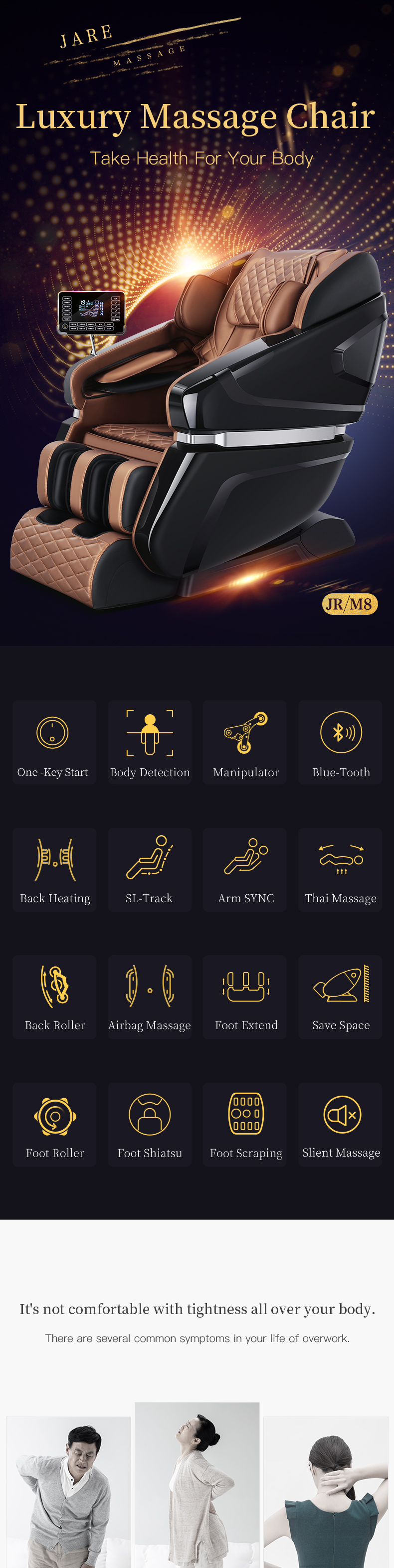 Jare M8 Manufacturer  Cheap price  Sale Sl-Track Parts Massager Zero Gravity Material Origin Type Full body Massage Chair