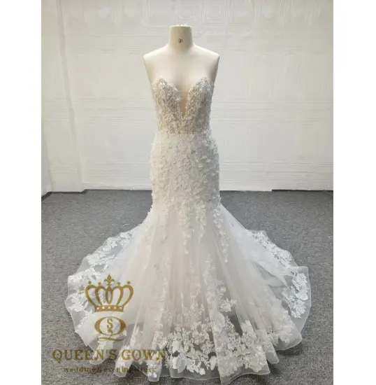 QUEENS GOWN personnalisé luxe col en v profond sirène robe de mariée perle 3D fleur broderie dentelle sans manches robe de mariée