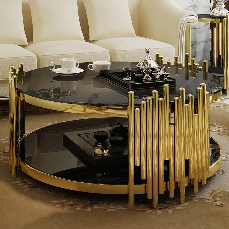 Luxo design moderno polido aço stanieless vidro mesa de café redonda superior do ouro