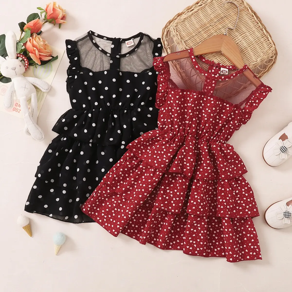 2023 New Design Verão 2-6 anos Menina Polka Dot Vestido para Crianças Infantil Impressão Em Camadas Cupcake Vestido Menina Roupas Casuais