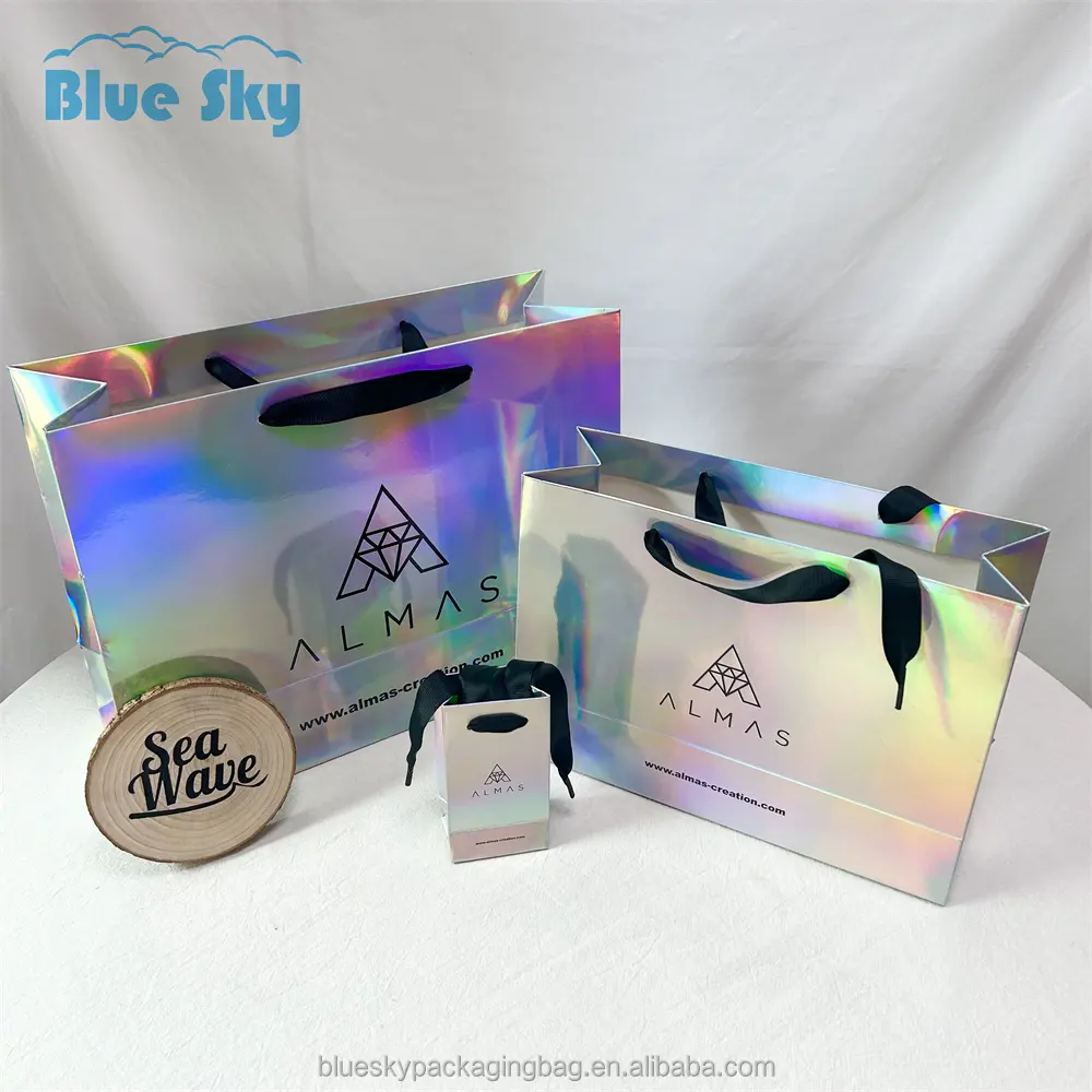 Venta al por menor espejo de lujo comprador de cartón holográfico logotipo personalizado ropa embalaje portador holograma bolsa de compras de papel