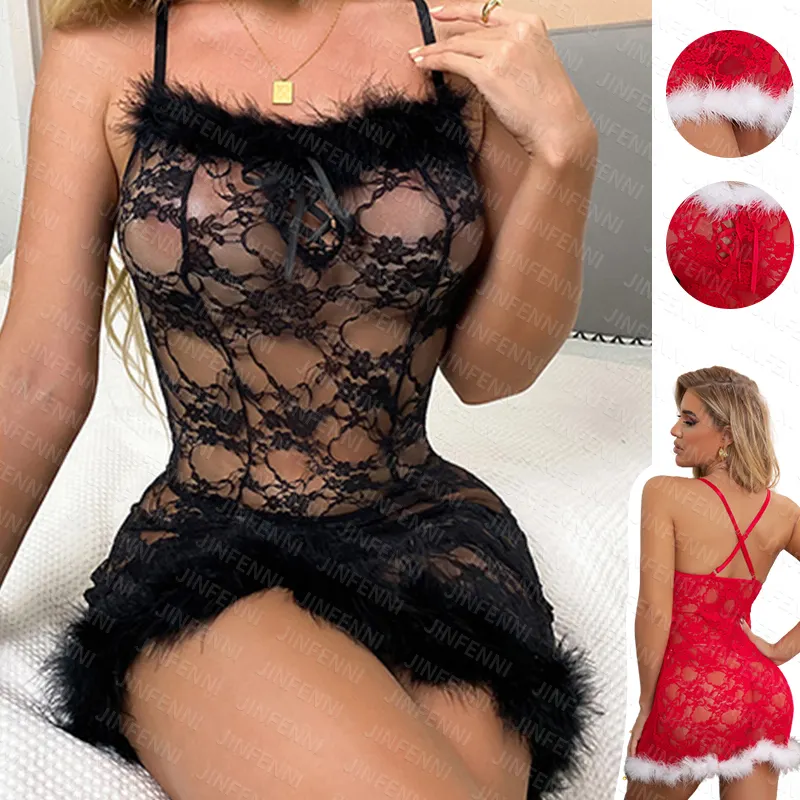 Oem-lencería Sexy o Sexy para mujer, vestidos transparentes de Navidad En Dentelle, camisón corto de malla con piel