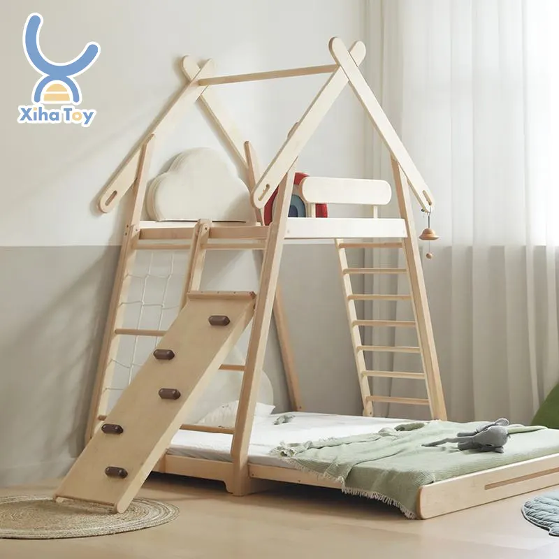 Multifunzionale colore naturale moderno culla per bambini letti in legno casa in legno letto per bambini triangolo rampicante in legno con rampa palestra per bambini