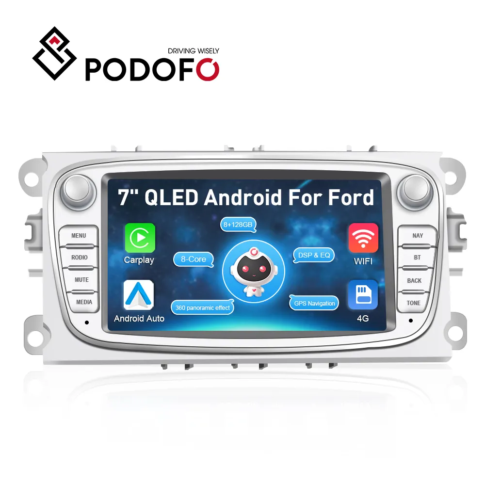 Podofo 7 "Autoradio 8 128Gb Android 13 Ai Voice Carplay Android Auto 4G + Wifi Fm/Am/Rds Video Gps Dsp Eq Voor Ford Ondersteuning Ahd