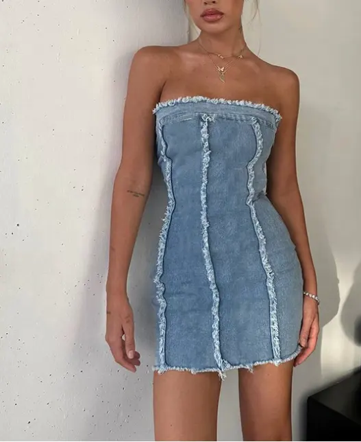 Sexy sin tirantes Denim jeans vestido para mujer moda bodycon Vestido corto señora vestido caliente